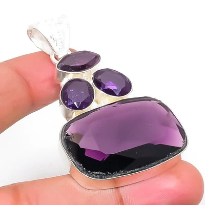Pendente In Argento Sterling 925 Fatto A Mano In Gemma Di Ametista 1.97" - Immagine 1 di 4