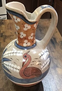 Vintage Mexican Tonala Folk Art Pottery Lg Pitcher Vase Swan Floral Home Decor - Picture 1 of 9