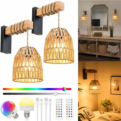 Paquete de 2 apliques de pared a batería con control remoto boho ratán iluminación de pared colgante Foto 1 de 4