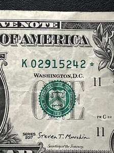 2017 $1 Dollar Bill Star Note K02915242* Dallas Circulated Federal Reserve Note - Picture 1 of 3