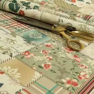Patchwork Design Upholstery Fabric Pattern Beige Green Striped Floral Inspired - Picture 1 of 5