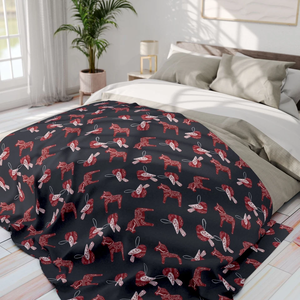 Swedish Dala Horse Pattern, Cozy Fleece Blanket, Couch Throw, Nordic Decor Gift - Image 1 of 1