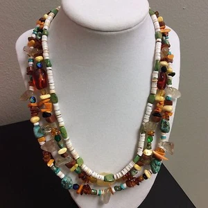 Multi strand Southwestern Necklace Turquoise Quartz Amber Crystals - Picture 1 of 7
