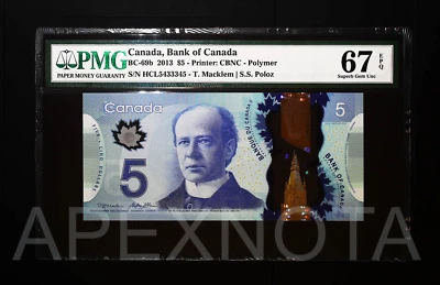 [RADAR S/N] CANADA $5 2013 BC-69b PMG 67 SUPERB GEM UNC EPQ FANCY S/N 5433345 - Image 1 of 2