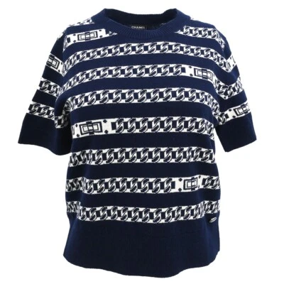 Chanel Short Sleeve Sweater Knit Top Navy P56112K07327 #42 143690 - Image 1 of 4