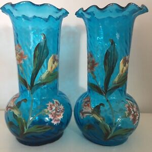 Pair Of Antique Blue Enameled Glass Vases w/ Birds & Flowers H 11” Beautiful
