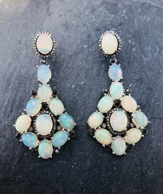 Pavè Diamante Fuoco Etiope Opale Gemma 925 Argento Sterling Orecchini Pendenti - Immagine 1 di 4