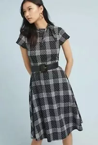 Anthropologie Maeve Zoe Plaid Dress Short Sleeve Black Retro Knee Length XS - Picture 1 of 9