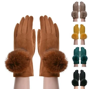 Suede Looking Real Fur Pompom Design Woman Girl Cotton Blend Classic Plain Glove - Picture 1 of 5