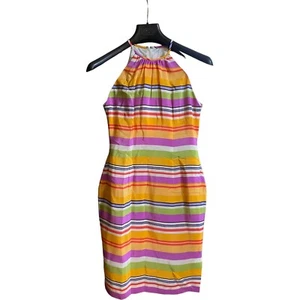 Halter Dress Spaghetti Strap Elizabeth Scott 100% Silk Vibrant Striped Lined S4 - Picture 1 of 11