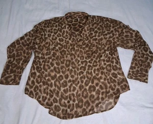 Free People Easy Rider Womens Brown Roll Tab Sleeve Leopard Print Button up Sz L - Picture 1 of 12
