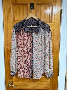 Free People Mixed Print Patchwork Button Down Blouse Snake Floral Boho Blouse L - Picture 1 of 6