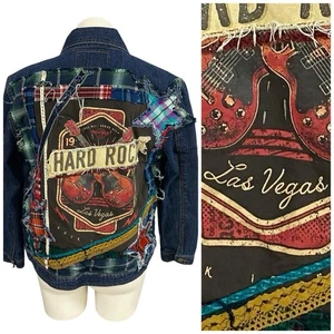 Denim Jacket Womens Large Hard Rock Grunge Patchwork Art to Wear Upcycled Coat - Picture 1 of 16