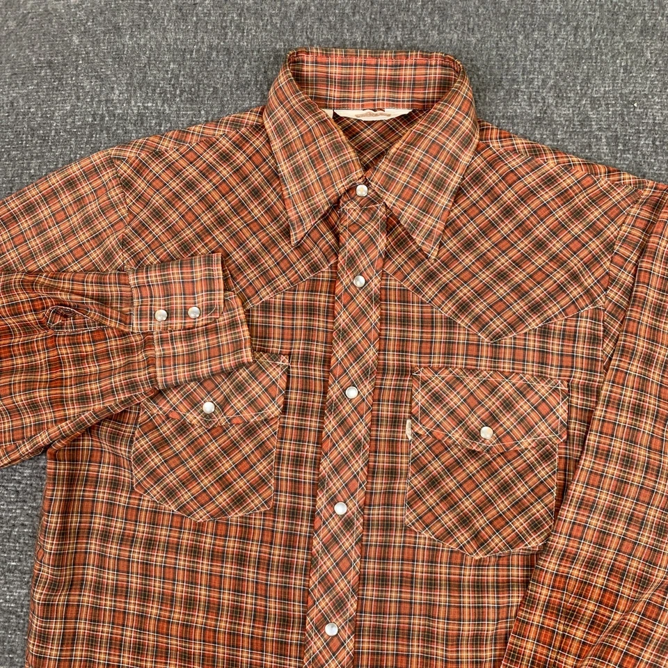 Vintage Levis Western Pearl Snap Shirt Mens M Plaid Big E Cowboy Rodeo USA 70s - Image 1 of 4