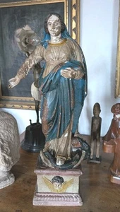 SCULPTURE POLYCHROME XVIII ÈME SIÈCLE VIERGE ÉCOLE ESPAGNOLE - Zdjęcie 1 z 11