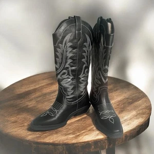 ASOS Black Western Cowboy Boots White Stitching Calf High Wide Fit Size 8W New - Picture 1 of 16