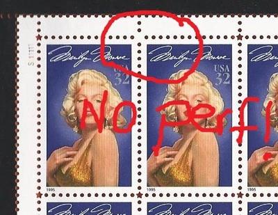 missing star perf perforation Marilyn Monroe Error Pane of 20  2967 1995 stamps - Image 1 of 4