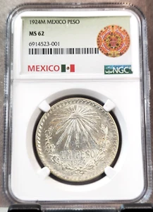 1924 MEXICO SILVER 1 PESO NGC MS 62 SCARCE NICE LUSTER - Picture 1 of 3
