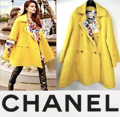 7K Chanel 2014 Yellow Tweed Revers Coat 42 44 46 8 10 12 14 Logo Jacket M L XL - Image 1 of 4