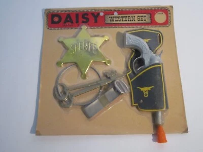NUEVO JUEGO DE PISTOLA Y FUNDA DE METAL DE JUGUETE DAISY WESTERN STOCK ANTIGUO - PRESTON ONTARIO CANADA Foto 1 de 4