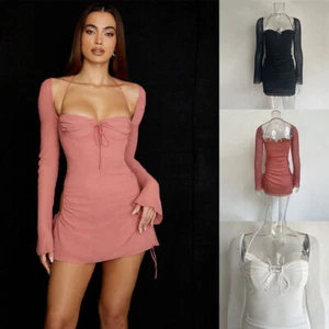 Fashion Sleeve Bandage Long Robes Square Collar Women Cut Sexy Pink      Dress - Picture 1 of 15