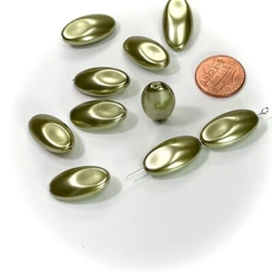 Czech Fancy Flattened Olive Glass Pearls 22x12mm Olivine Pearl, 10 pcs CL173 - Picture 1 of 2