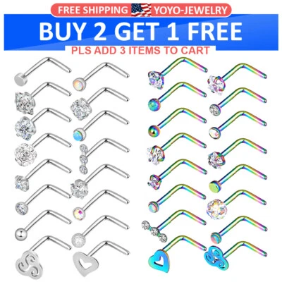 32PCS Nose Ring Stud Surgical Steel L Bend Bone Studs Screw Bar CZ Piercing 20G - Image 1 of 4