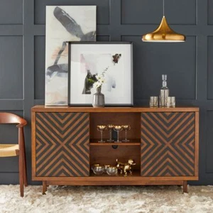 Mid Century Modern Sideboard 2 Door Cabinet Cupboard Buffet Table Solid Wood BRN - Picture 1 of 4