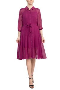 Nanette Lepore Collared 3/4 Sleeve Button Down Tie Waist Illusion Chiffon Dress - Picture 1 of 7