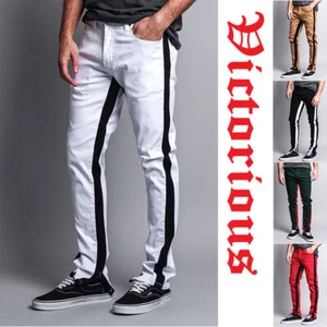 Men's Dual Stripe Track Style Skinny Jeans Pants with Ankle Zipper DL1164EY - Picture 1 of 32