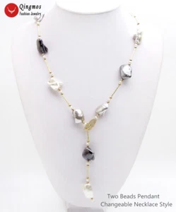 "Collar de perlas barroco negro blanco gris mar de 15*20 mm de largo 28"" con caparazón de mar" - Imagen 1 de 10