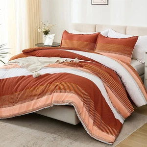 Burnt Orange King Bed Comforter Set, 3 Pieces Boho Terracotta Stripe Colorblock - Picture 1 of 7
