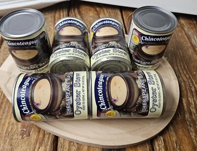 6 cans Chincoteague 10 oz. Oyster Stew On wood breadboard for $49.99, Free Ship - Image 1 of 4