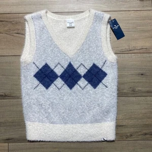 Abercrombie Kids Girls Fuzzy Argyle Sweater Vest Size 13/14 Cream And Blue - Picture 1 of 11