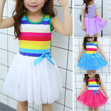 Girls Princess Tutu Tulle Dress Summer Party Casual Rainbow Striped Sundress