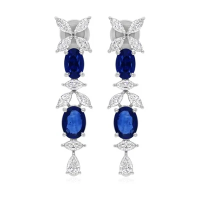 6.21 Tcw SI/H Natural Diamond Blue Sapphire Dangle Earrings 18k White Solid Gold - Image 1 of 4
