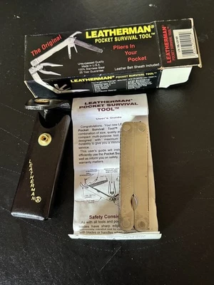 VTG 1994 LEATHERMAN POCKET SURVIVAL TOOL KNIFE NIB W/LEATHER CASE & MANUAL  - Image 1 of 4