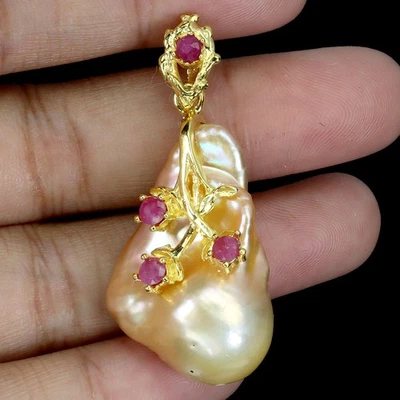 925 Sterling Silver Pendant Round Ruby 3mm Pearl Natural Gemstone Jewelry - Image 1 of 4