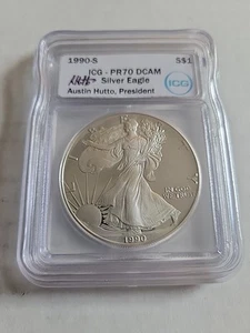 💥1990-S $1 American Silver Eagle ICG Proof PR70 DCAM AUSTIN HUTTO Signed - Picture 1 of 2