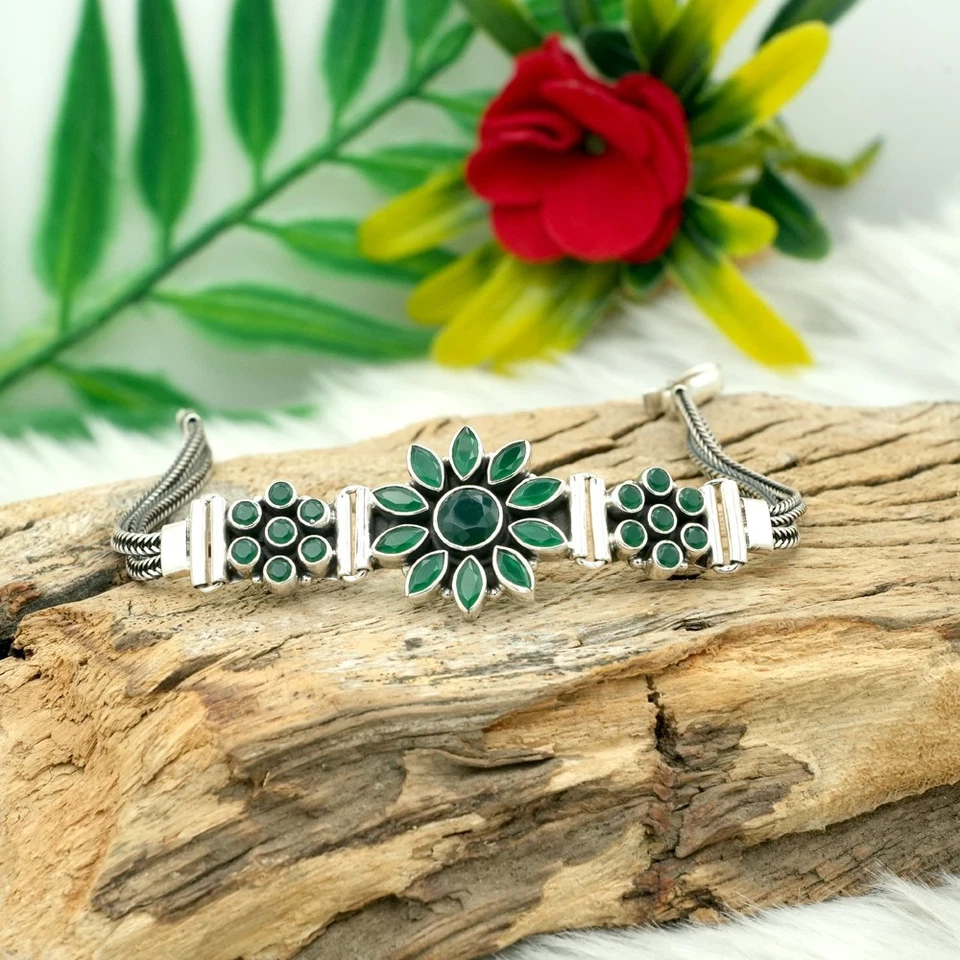 Pulsera de ónix de plata de ley 925 con piedras preciosas verdes naturales hecha a mano joyería boho Foto 1 de 3