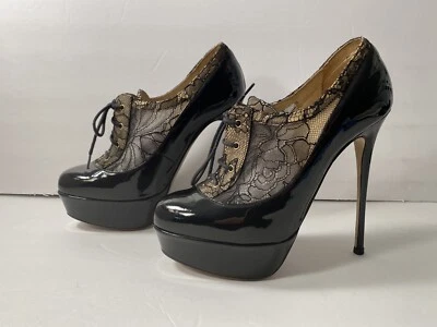 Valentino Garavani Lace Up Pumps Bootie Heels Lace Patent Leather Black 35/4.5-5 - Image 1 of 4