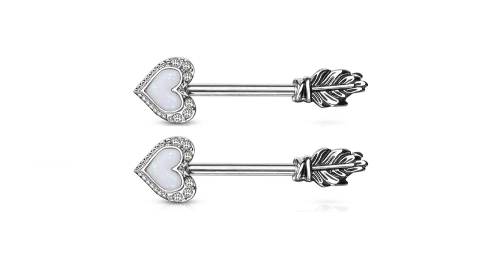 Пара Опалов Блестящее Сердце CZ Мощеная Стрела с Перьями Сосками Штангами Ювелирные изделия для Тела - Изображение 1 из 1