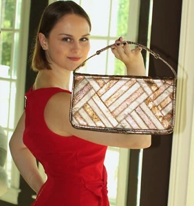 Bolso Cartera Judith Leiber vintage tejido cobre parcheado cuero metálico - Imagen 1 de 12