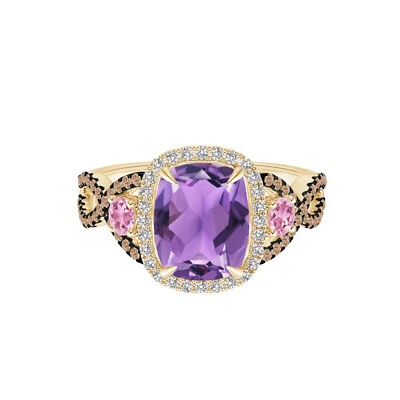 Anillo cruzado cojín amatista redondo zafiro rosa piedras preciosas oro amarillo 14k Foto 1 de 4
