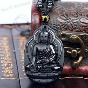 Natural Black Obsidian Pendant Chinese Amulet Medicine Buddha Necklace Gift - Picture 1 of 8