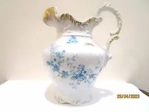 WH Grindley & Co. Antique Milk Pitcher Semi Porcelain Blue White Gold - Picture 1 of 11