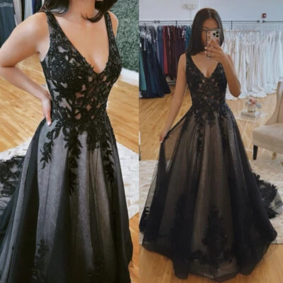Gothic Black Wedding Dresses V Neck Lace Applique Tulle Bridal Gowns Sweep Train - Image 1 of 4