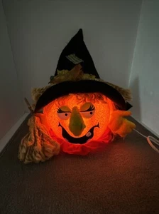 Halloween 14" LIght Up Pumpkin Scarecrow Witch w/ Cord Hat & Broom Indoor Decor - Picture 1 of 20