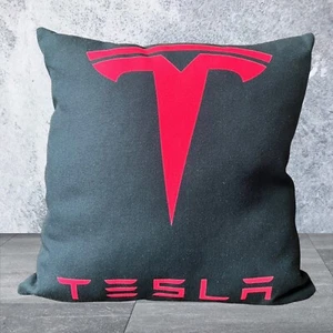 Tesla Car Logo Black And Red Throw Pillow 15”x14” Home Decor - Picture 1 of 5