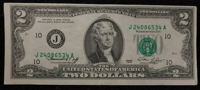 1976 $2 FRN Major Shift, Cut, & Ink Error note slight hard 2 c folds VERY RARE - Image 1 of 4